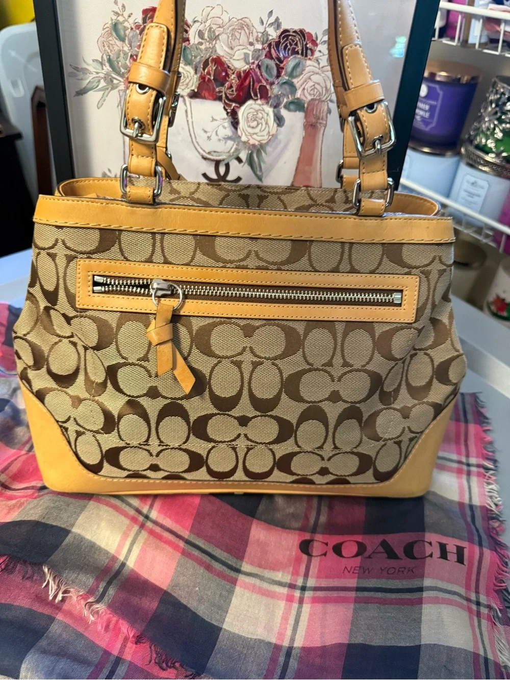 Coach Hamptons Vintage Signature Tote Bag Brown Jacquard Canvas Tan Leather